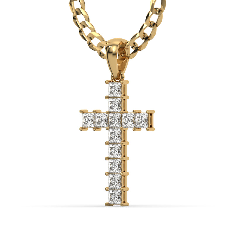 Men's VVS Princess Lab Diamond Customizable Yellow Gold Cross Necklace Pendant