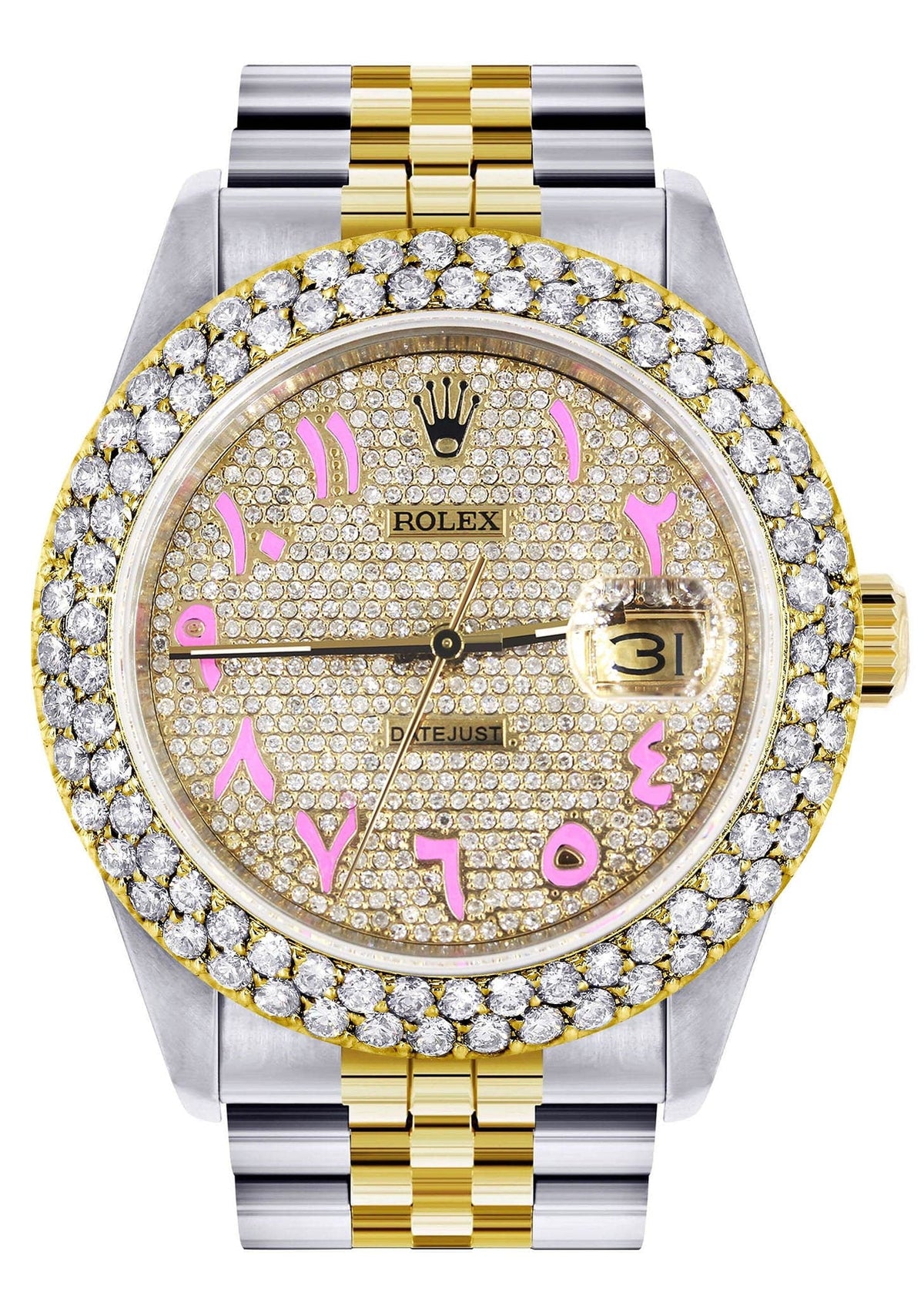 Diamond Gold Rolex Watch For Women 16233 | 36Mm | Diamond Pink Arabic Dial | Two Row 4.25 Carat Bezel | Jubilee Band
