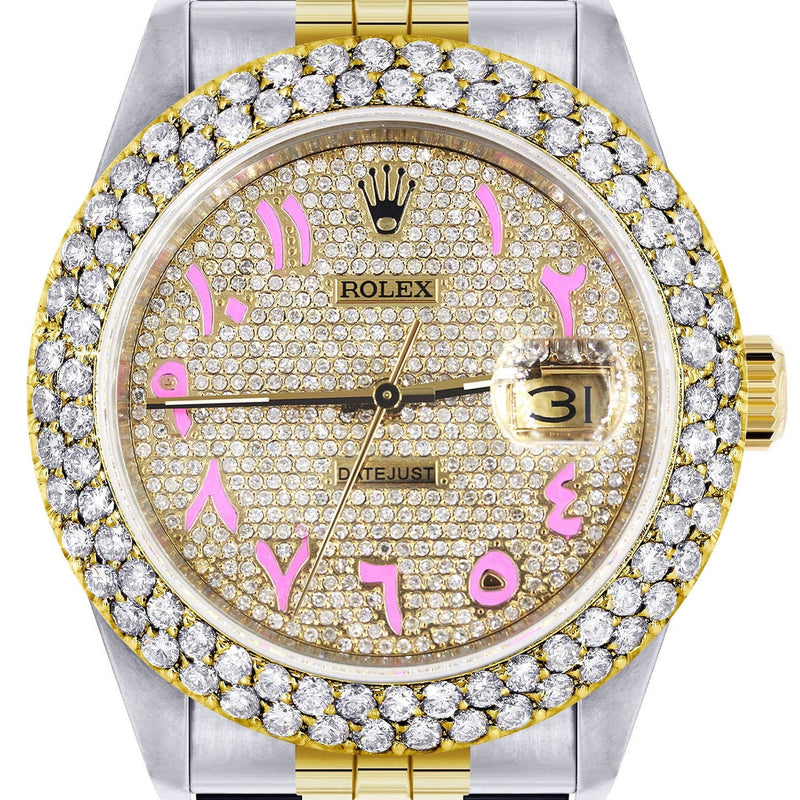 Diamond Gold Rolex Watch For Men 16233 | 36Mm | Diamond Pink Arabic Dial | Two Row 4.25 Carat Bezel | Jubilee Band