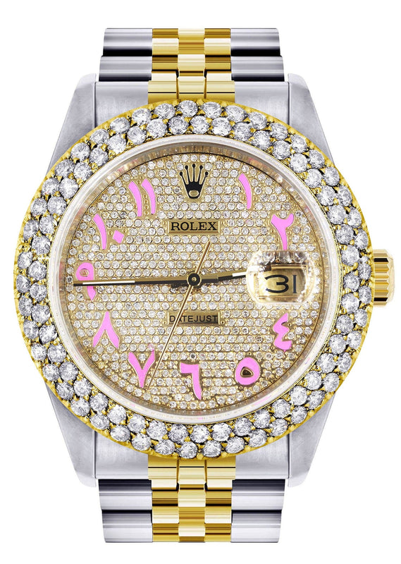Diamond Gold Rolex Watch For Men 16233 | 36Mm | Diamond Pink Arabic Dial | Two Row 4.25 Carat Bezel | Jubilee Band
