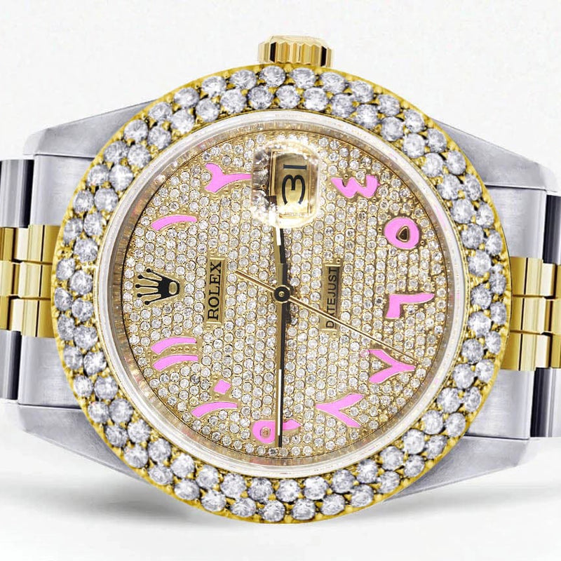 Diamond Gold Rolex Watch For Men 16233 | 36Mm | Diamond Pink Arabic Dial | Two Row 4.25 Carat Bezel | Jubilee Band
