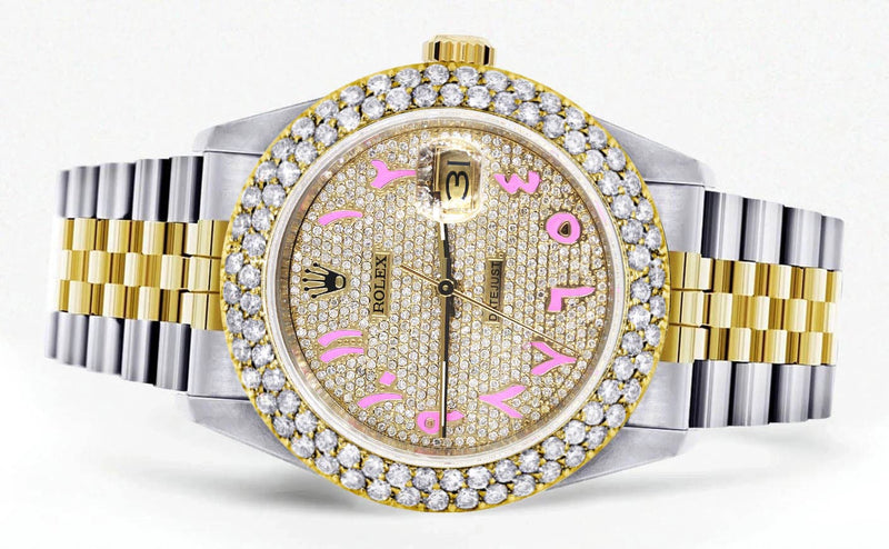 Diamond Gold Rolex Watch For Men 16233 | 36Mm | Diamond Pink Arabic Dial | Two Row 4.25 Carat Bezel | Jubilee Band