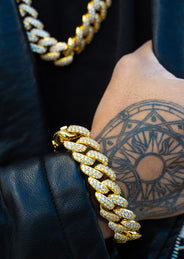 Yellow Gold Plated Iced Out Miami Cuban Link Chain & Bracelet