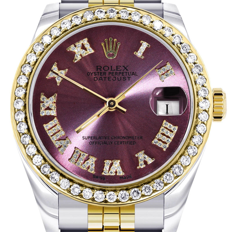 Diamond Gold Rolex Watch | 68273 |Diamond Bezel | 31MM | Purple Roman Numeral Diamond Dial | Jubilee Band
