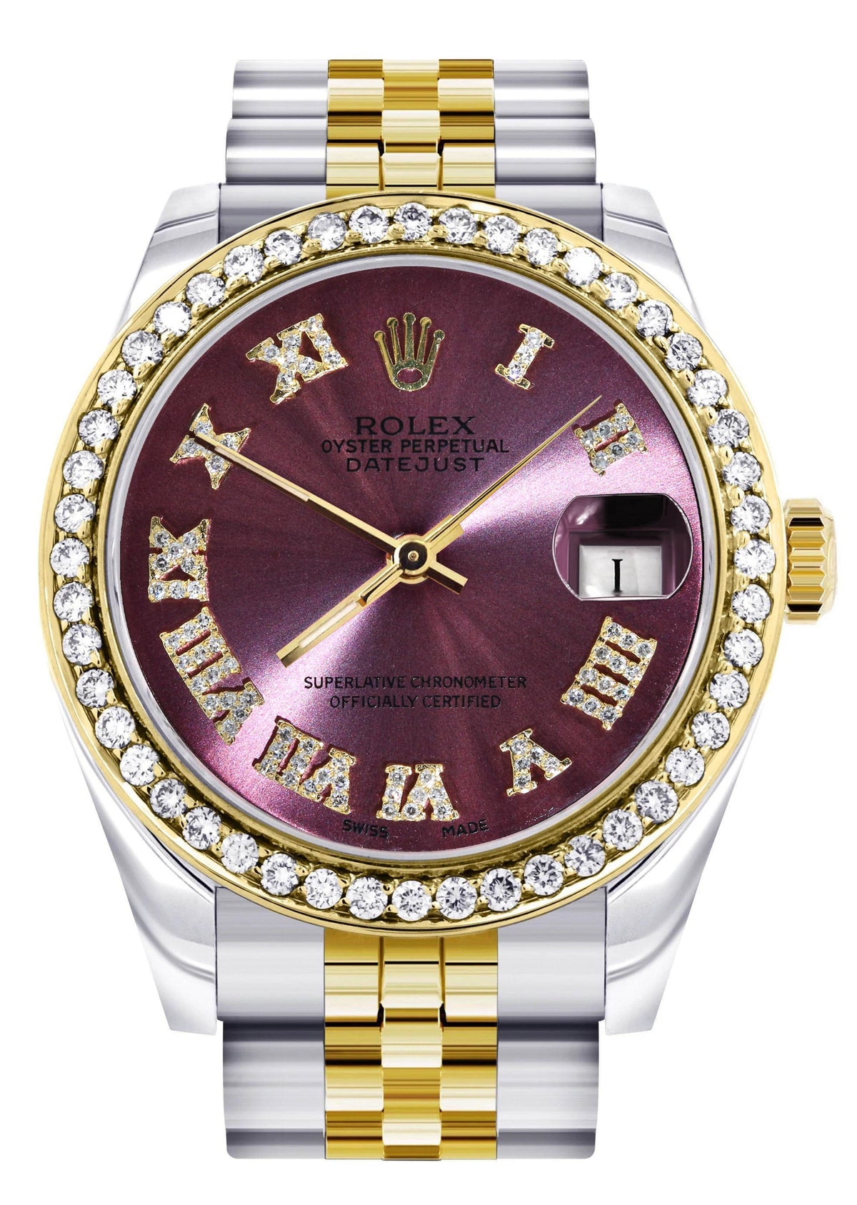 Diamond Gold Rolex Watch | 68273 |Diamond Bezel | 31MM | Purple Roman Numeral Diamond Dial | Jubilee Band
