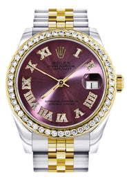 Diamond Gold Rolex Watch | 68273 |Diamond Bezel | 31MM | Purple Roman Numeral Diamond Dial | Jubilee Band