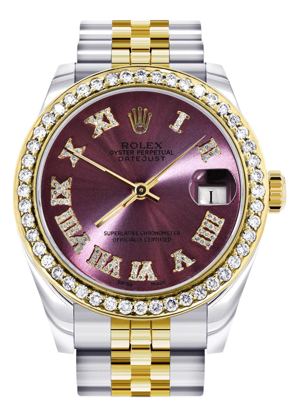 Diamond Gold Rolex Watch | 68273 |Diamond Bezel | 31MM | Purple Roman Numeral Diamond Dial | Jubilee Band