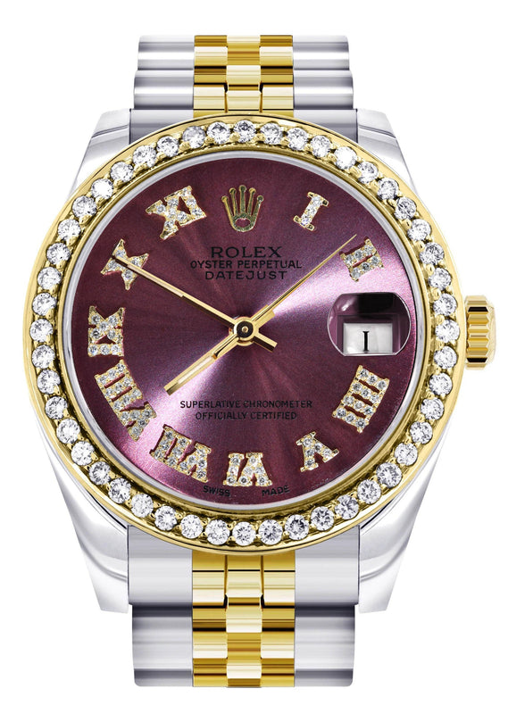 Diamond Gold Rolex Watch | 68273 |Diamond Bezel | 31MM | Purple Roman Numeral Diamond Dial | Jubilee Band