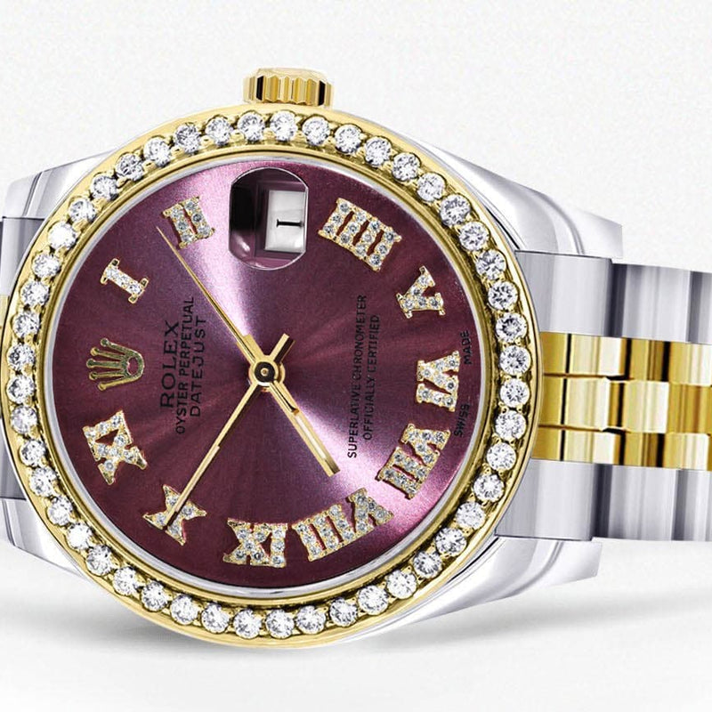 Diamond Gold Rolex Watch | 68273 |Diamond Bezel | 31MM | Purple Roman Numeral Diamond Dial | Jubilee Band