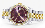 Diamond Gold Rolex Watch | 68273 |Diamond Bezel | 31MM | Purple Roman Numeral Diamond Dial | Jubilee Band