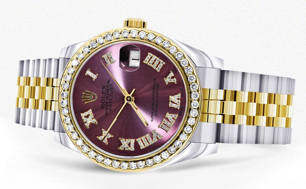 Diamond Gold Rolex Watch | 68273 |Diamond Bezel | 31MM | Purple Roman Numeral Diamond Dial | Jubilee Band