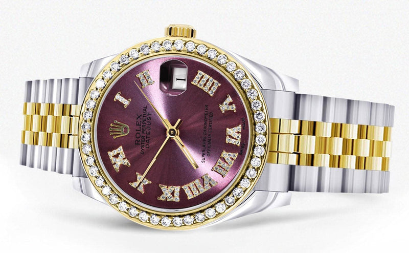 Diamond Gold Rolex Watch | 68273 |Diamond Bezel | 31MM | Purple Roman Numeral Diamond Dial | Jubilee Band