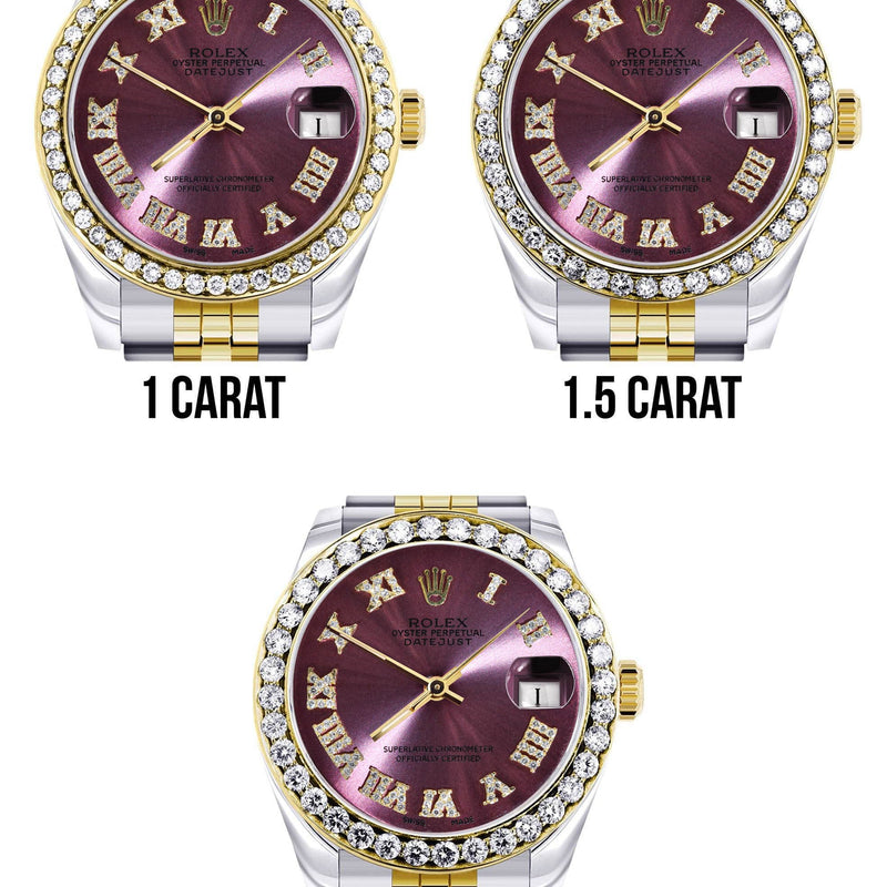 Diamond Gold Rolex Watch | 68273 |Diamond Bezel | 31MM | Purple Roman Numeral Diamond Dial | Jubilee Band