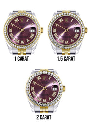 Diamond Gold Rolex Watch | 68273 |Diamond Bezel | 31MM | Purple Roman Numeral Diamond Dial | Jubilee Band