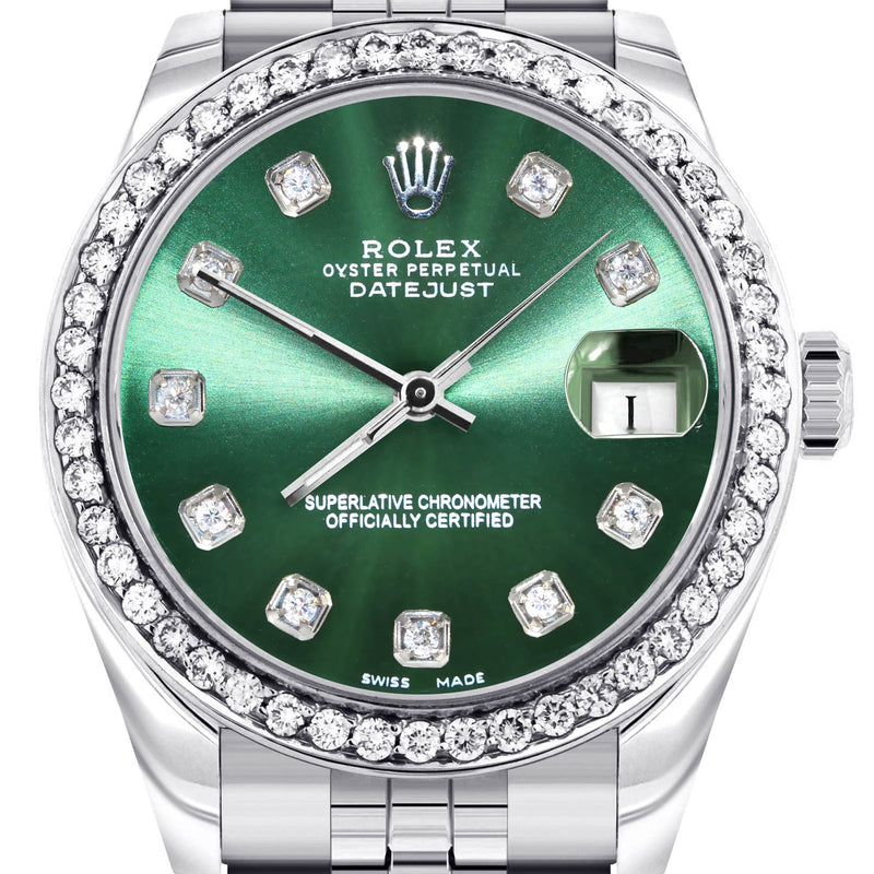 Diamond Rolex Watch | 68274 | Diamond Bezel | 31MM | Green Diamond Dial | Jubilee Band