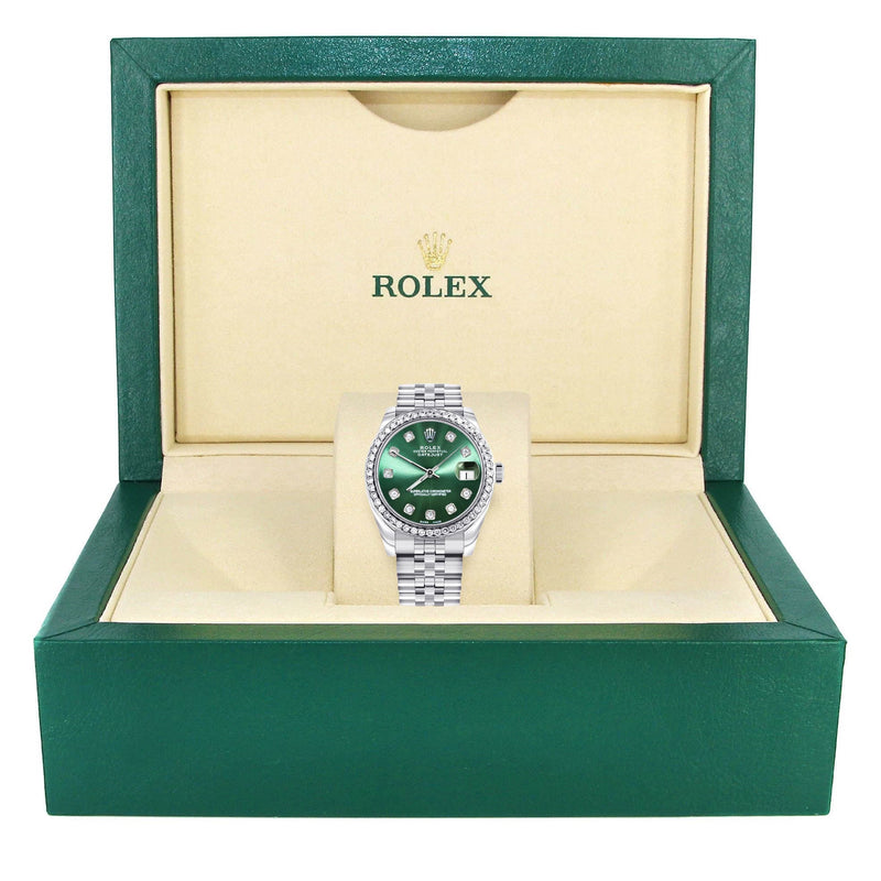 Diamond Rolex Watch | 68274 | Diamond Bezel | 31MM | Green Diamond Dial | Jubilee Band
