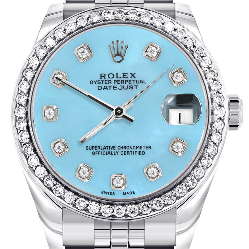 Diamond Rolex Watch | Diamond Bezel | 31MM | Light Blue Diamond Dial | Jubilee Band
