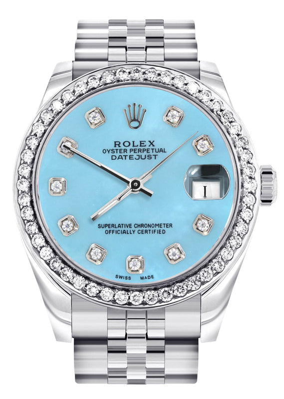 Diamond Rolex Watch | Diamond Bezel | 31MM | Light Blue Diamond Dial | Jubilee Band