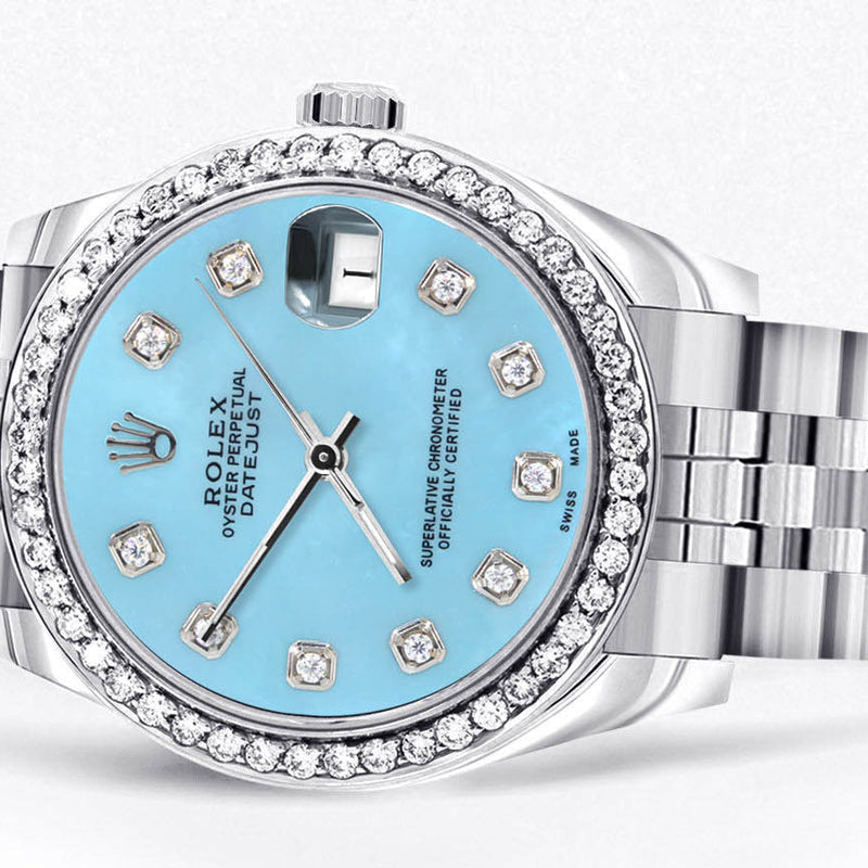 Diamond Rolex Watch | Diamond Bezel | 31MM | Light Blue Diamond Dial | Jubilee Band