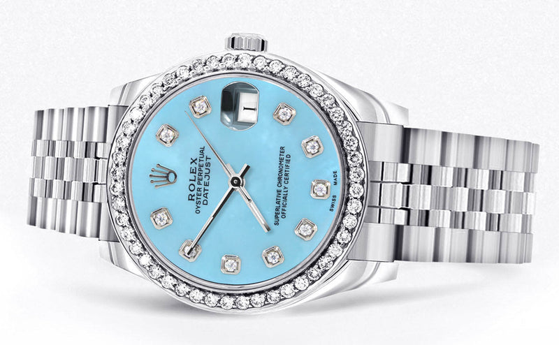 Diamond Rolex Watch | Diamond Bezel | 31MM | Light Blue Diamond Dial | Jubilee Band