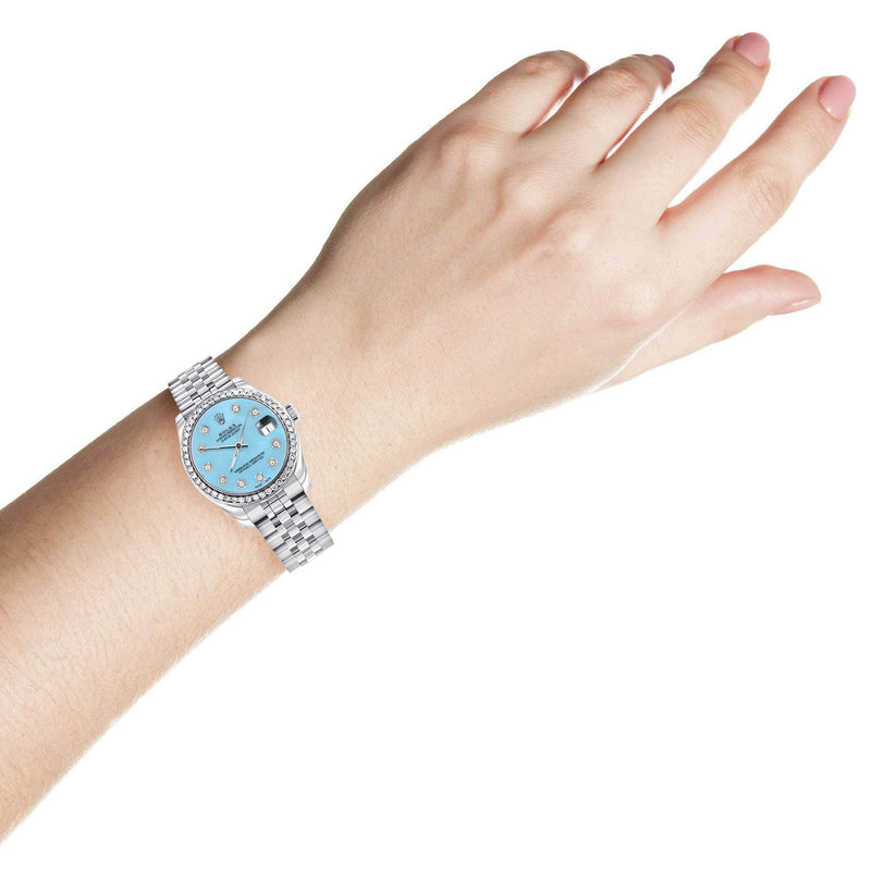Diamond Rolex Watch | Diamond Bezel | 31MM | Light Blue Diamond Dial | Jubilee Band
