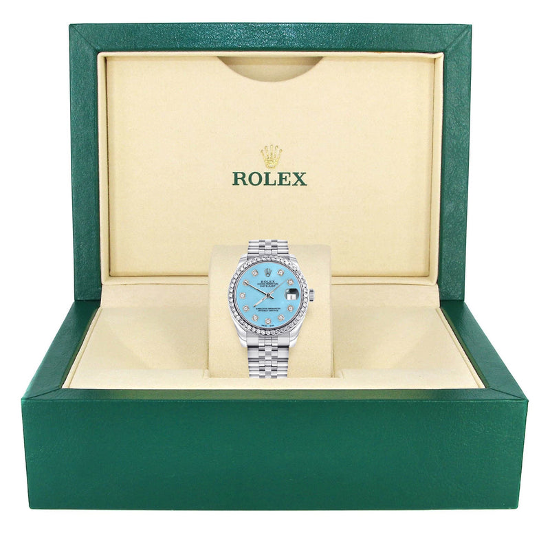 Diamond Rolex Watch | Diamond Bezel | 31MM | Light Blue Diamond Dial | Jubilee Band