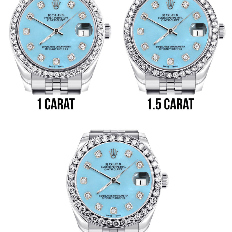 Diamond Rolex Watch | Diamond Bezel | 31MM | Light Blue Diamond Dial | Jubilee Band