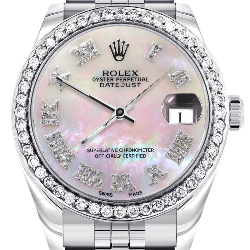 Diamond Rolex Watch | Diamond Bezel | 31MM | Mother of Pearl Roman Numeral Diamond Dial | Jubilee Band