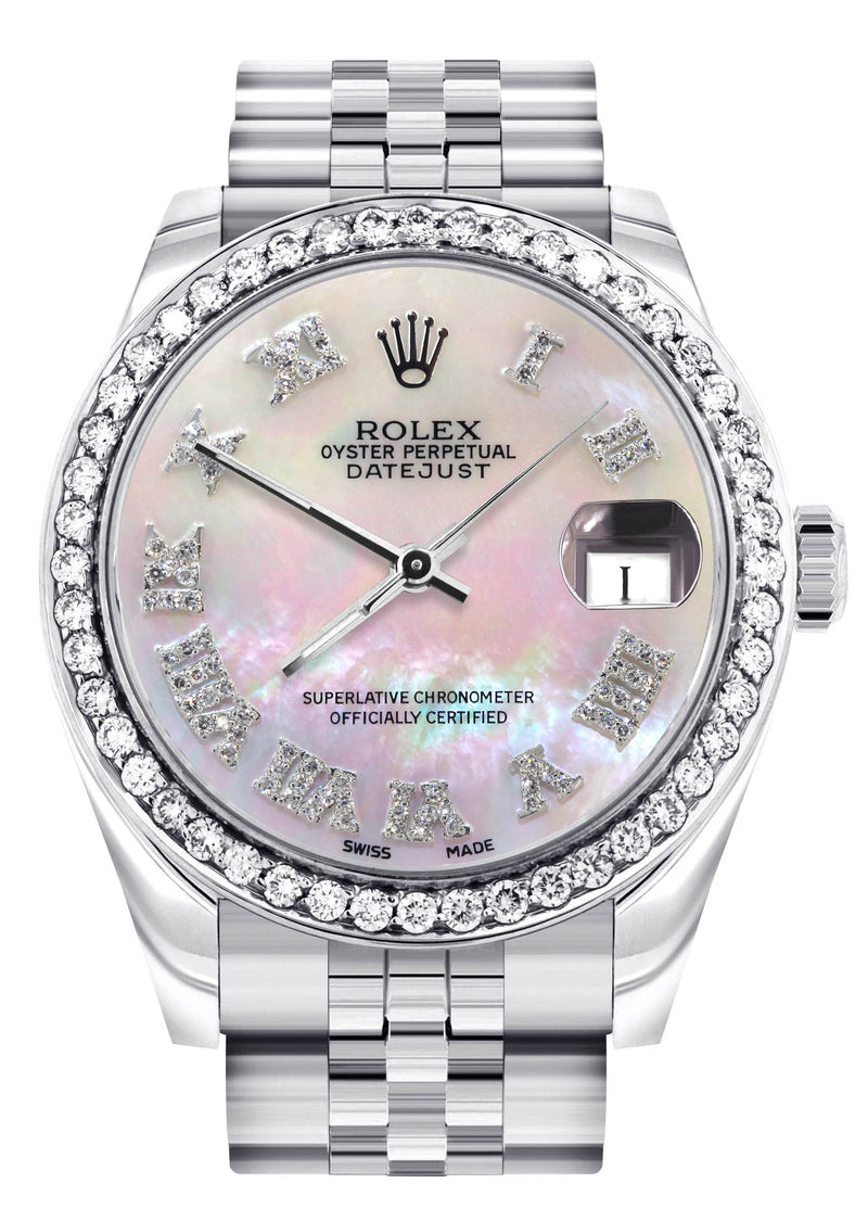 Diamond Rolex Watch | Diamond Bezel | 31MM | Mother of Pearl Roman Numeral Diamond Dial | Jubilee Band