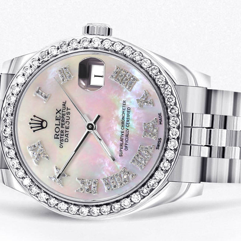 Diamond Rolex Watch | Diamond Bezel | 31MM | Mother of Pearl Roman Numeral Diamond Dial | Jubilee Band