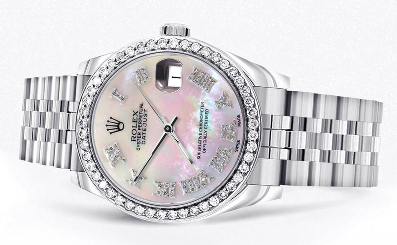 Diamond Rolex Watch | Diamond Bezel | 31MM | Mother of Pearl Roman Numeral Diamond Dial | Jubilee Band