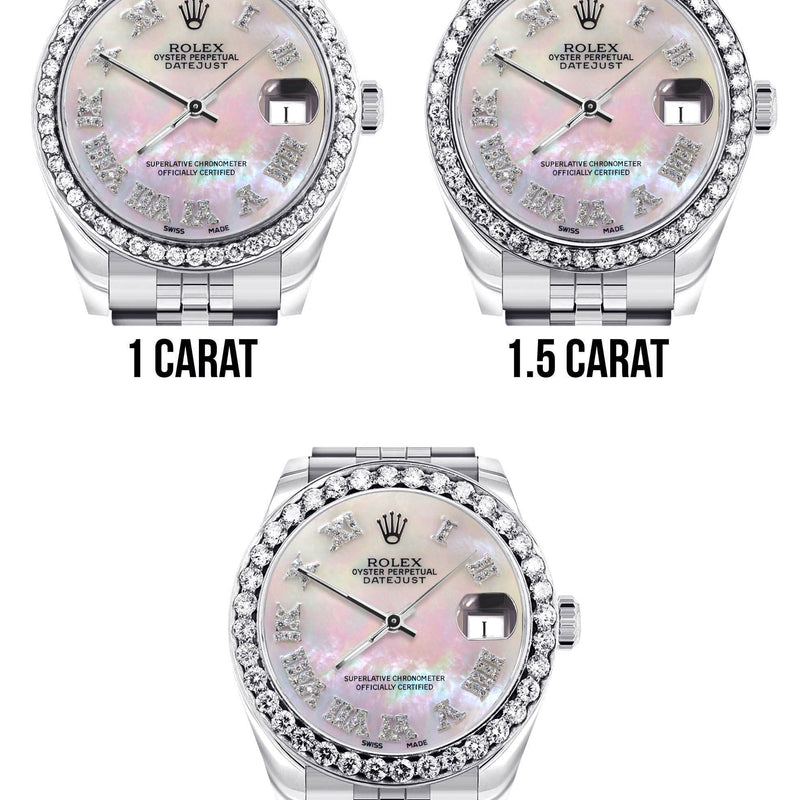 Diamond Rolex Watch | Diamond Bezel | 31MM | Mother of Pearl Roman Numeral Diamond Dial | Jubilee Band