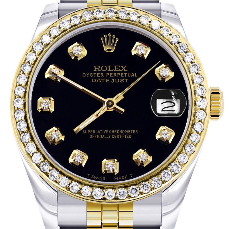 Womens Diamond Gold Rolex Watch | Diamond Bezel | 31MM | Black Diamond Dial | Jubilee Band