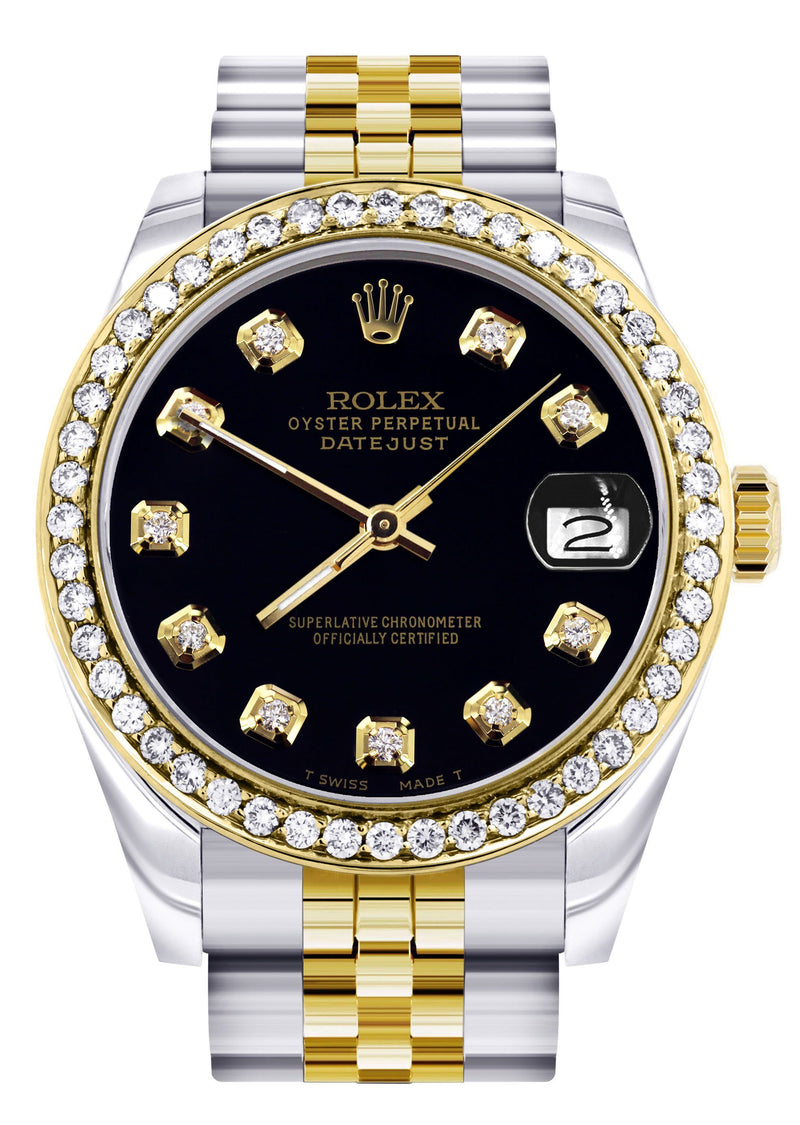 Womens Diamond Gold Rolex Watch | Diamond Bezel | 31MM | Black Diamond Dial | Jubilee Band