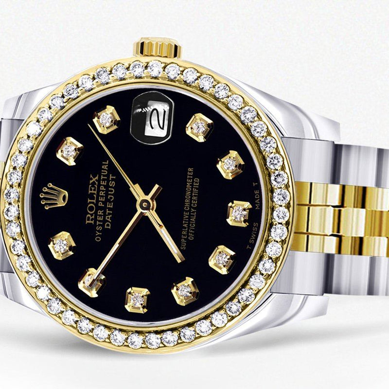 Womens Diamond Gold Rolex Watch | Diamond Bezel | 31MM | Black Diamond Dial | Jubilee Band