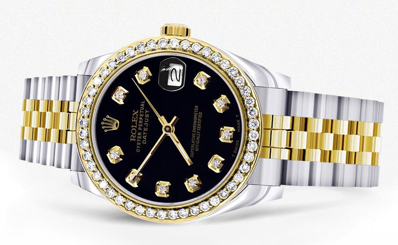 Womens Diamond Gold Rolex Watch | Diamond Bezel | 31MM | Black Diamond Dial | Jubilee Band