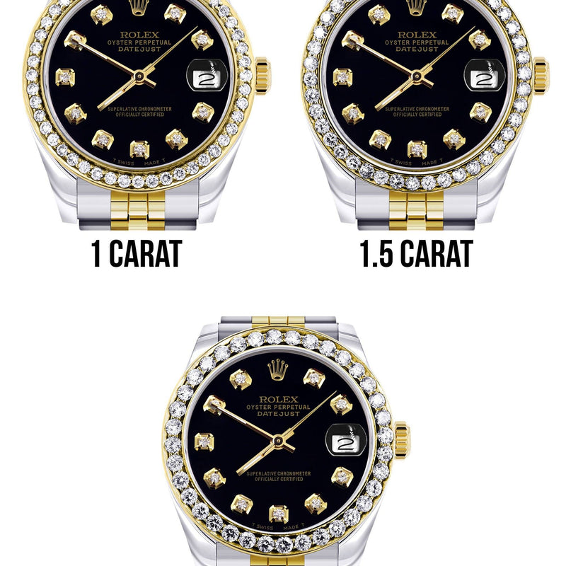 Womens Diamond Gold Rolex Watch | Diamond Bezel | 31MM | Black Diamond Dial | Jubilee Band
