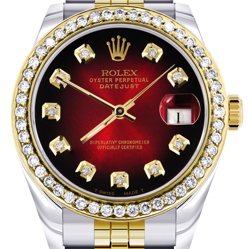 Womens Diamond Gold Rolex Watch | Diamond Bezel | 31MM | Red Diamond Dial | Jubilee Band