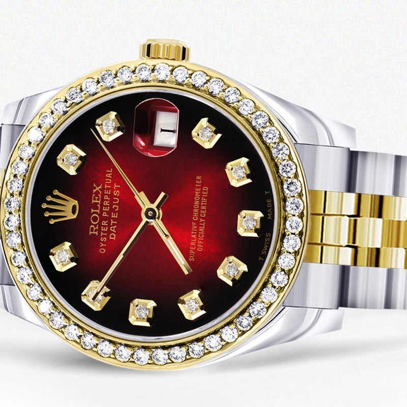 Womens Diamond Gold Rolex Watch | Diamond Bezel | 31MM | Red Diamond Dial | Jubilee Band