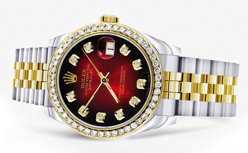 Womens Diamond Gold Rolex Watch | Diamond Bezel | 31MM | Red Diamond Dial | Jubilee Band