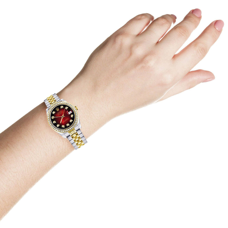 Womens Diamond Gold Rolex Watch | Diamond Bezel | 31MM | Red Diamond Dial | Jubilee Band