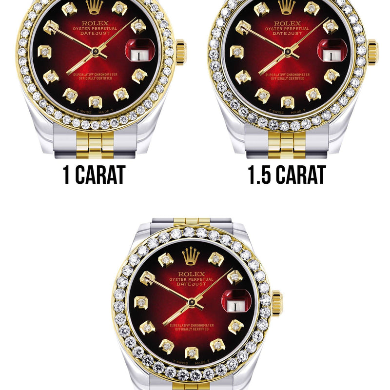 Womens Diamond Gold Rolex Watch | Diamond Bezel | 31MM | Red Diamond Dial | Jubilee Band