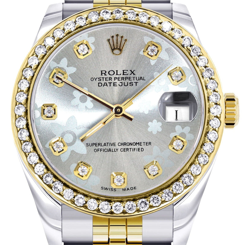 Diamond Gold Rolex Watch | 68273 |Diamond Bezel | 31MM | Floral Blue Diamond Dial | Jubilee Band