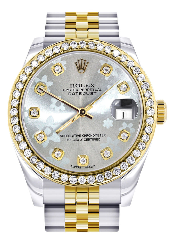 Diamond Gold Rolex Watch | 68273 |Diamond Bezel | 31MM | Floral Blue Diamond Dial | Jubilee Band
