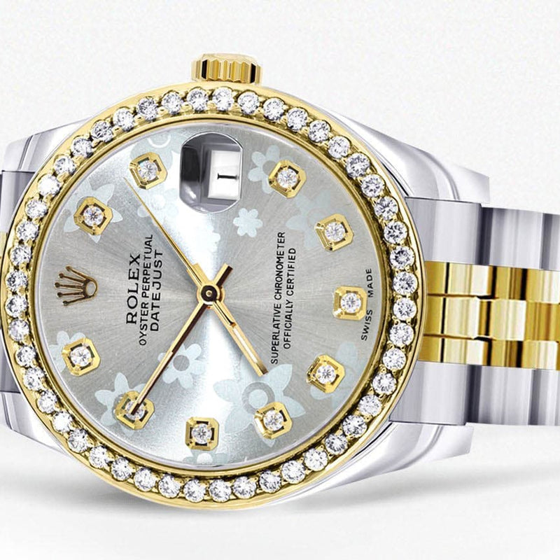 Diamond Gold Rolex Watch | 68273 |Diamond Bezel | 31MM | Floral Blue Diamond Dial | Jubilee Band