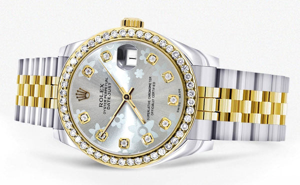 Diamond Gold Rolex Watch | 68273 |Diamond Bezel | 31MM | Floral Blue Diamond Dial | Jubilee Band