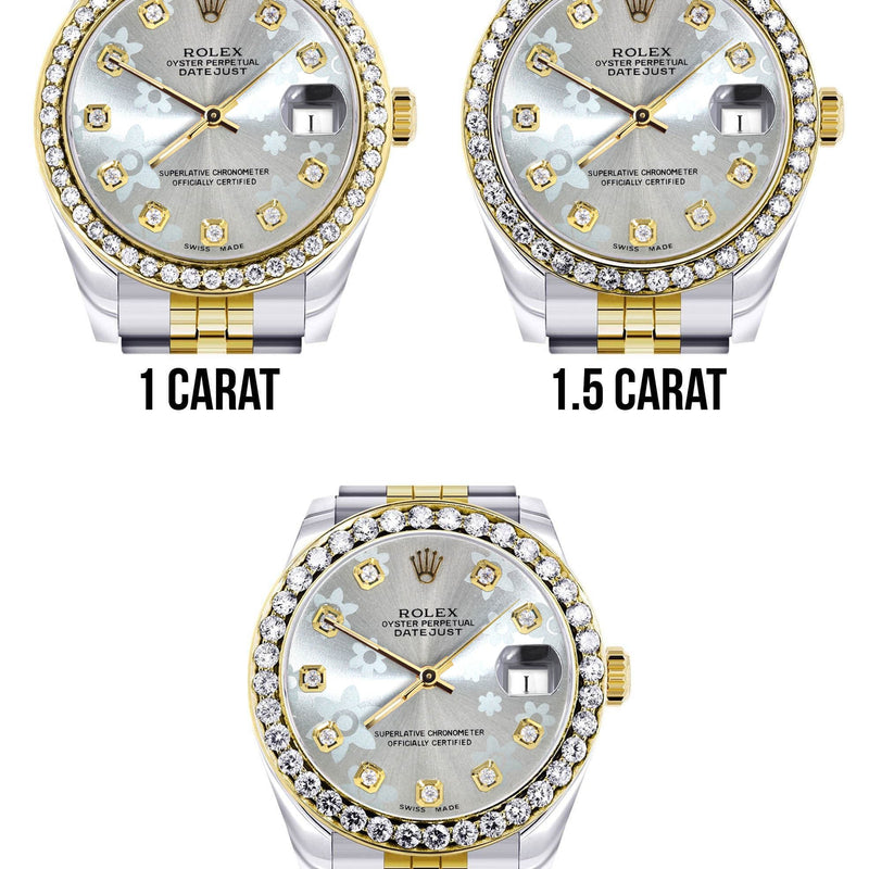 Diamond Gold Rolex Watch | 68273 |Diamond Bezel | 31MM | Floral Blue Diamond Dial | Jubilee Band