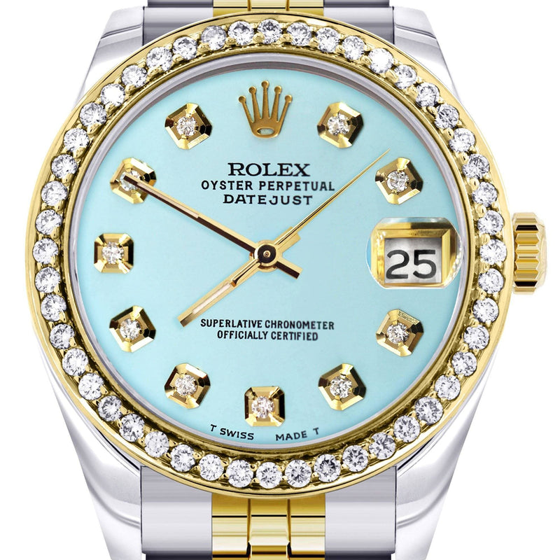 Diamond Gold Rolex Watch | Diamond Bezel | 31MM | Baby Blue Diamond Dial | Jubilee Band