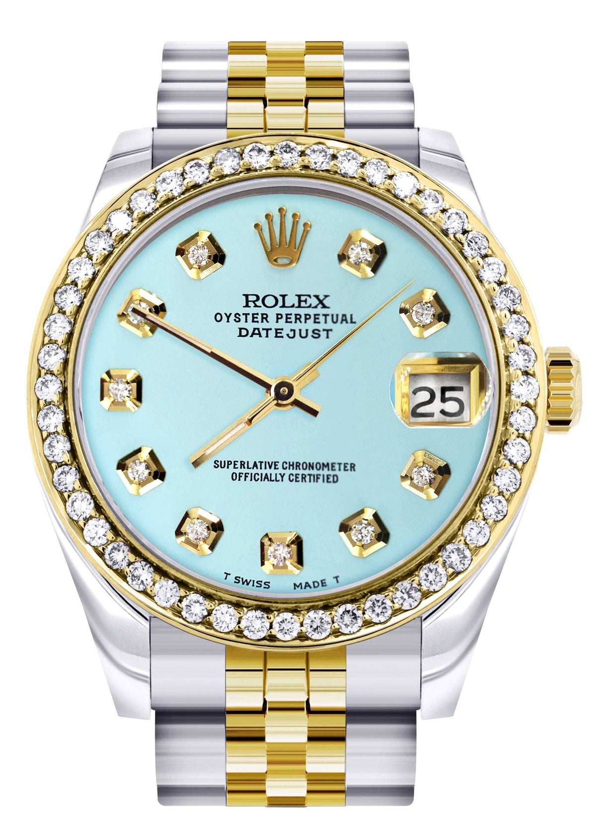 Diamond Gold Rolex Watch | Diamond Bezel | 31MM | Baby Blue Diamond Dial | Jubilee Band