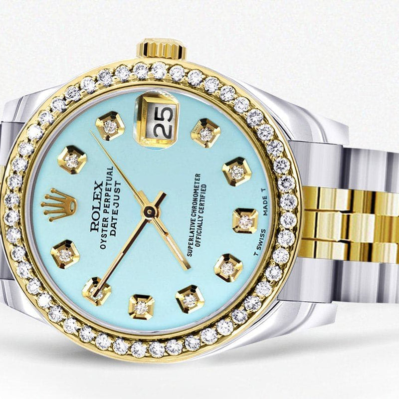Diamond Gold Rolex Watch | Diamond Bezel | 31MM | Baby Blue Diamond Dial | Jubilee Band